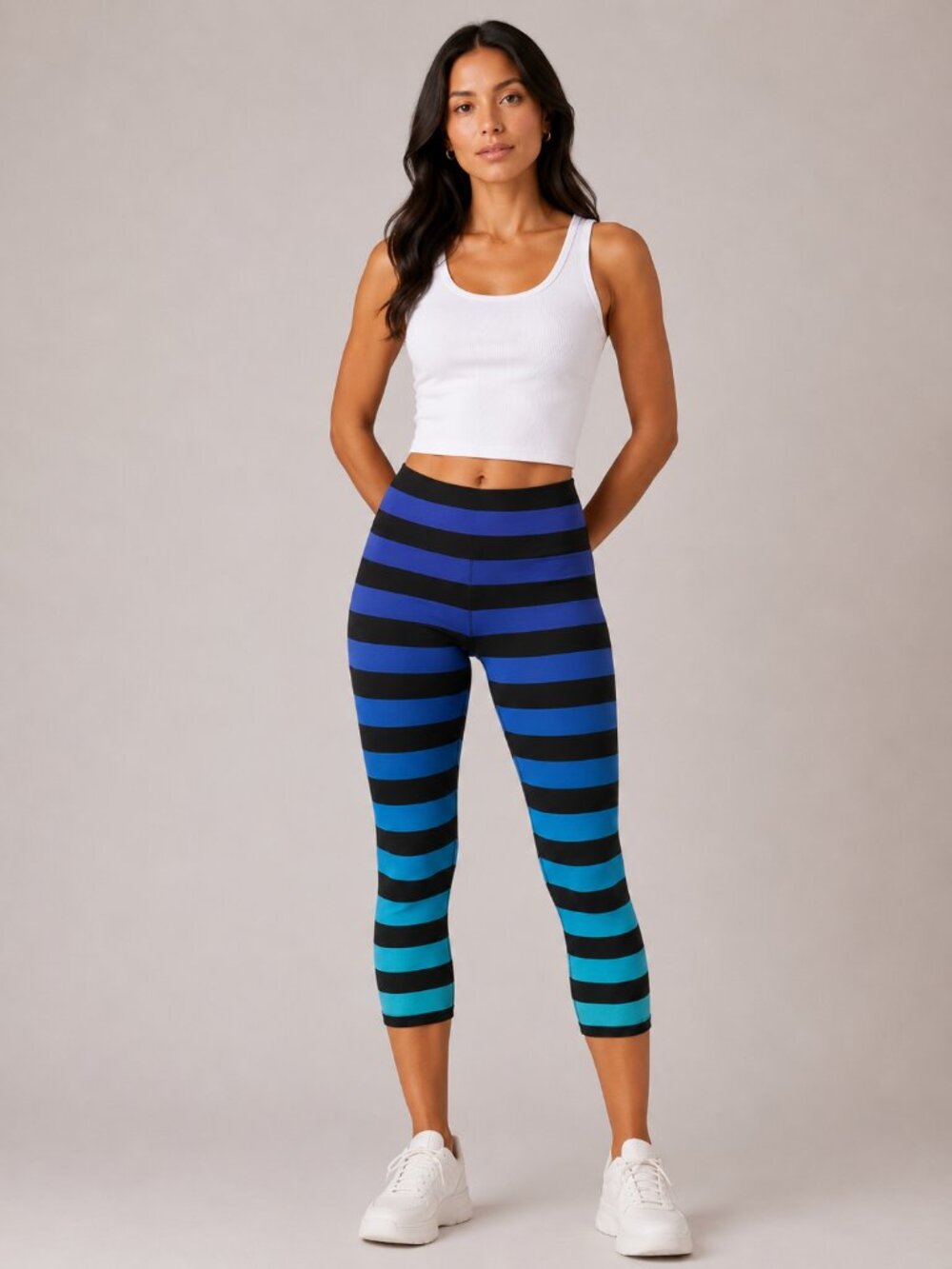 KDEER Blue Black Striped Compression Leggings Womens Small Yoga Activewear
